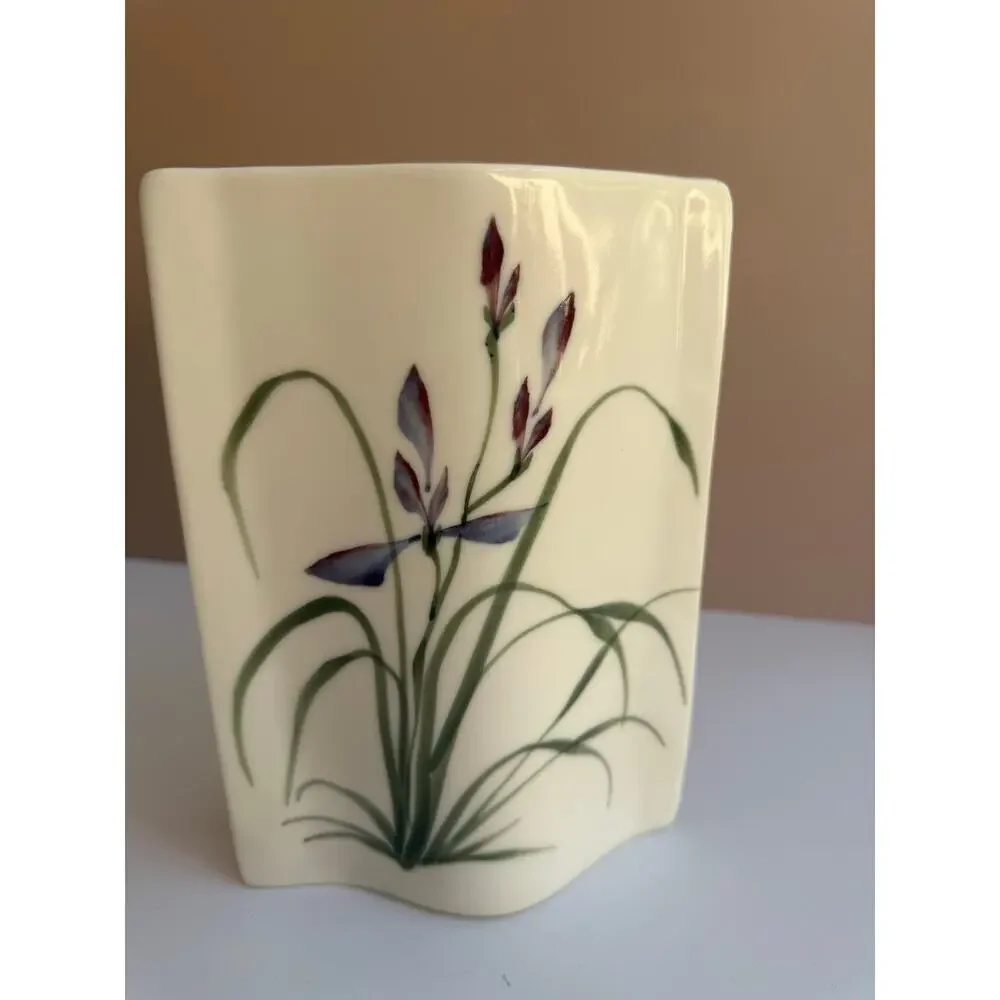 Signed Studio Pottery Vase | Purple Iris Art  Hand Painted Floral Vase Botanical